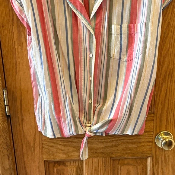 Old Navy Blue, White, Pink, Red, and Sage Striped Shirt - Tie-Front - Picture 5 of 11